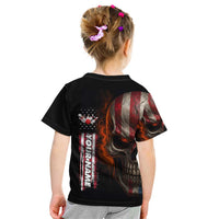 Custom American Flag Skull Kid T Shirt with Bowling Pins Flame Effect and Grunge Pattern - Wonder Print Shop