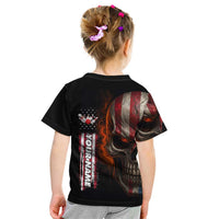 Custom American Flag Skull Kid T Shirt with Bowling Pins Flame Effect and Grunge Pattern - Wonder Print Shop