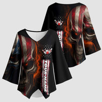 Custom American Flag Skull Kimono Sleeve Blouse with Bowling Pins Flame Effect and Grunge Pattern - Wonder Print Shop