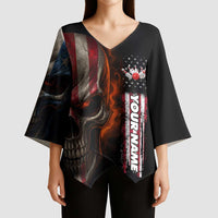 Custom American Flag Skull Kimono Sleeve Blouse with Bowling Pins Flame Effect and Grunge Pattern - Wonder Print Shop