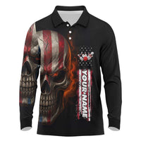 Custom American Flag Skull Long Sleeve Polo Shirt with Bowling Pins Flame Effect and Grunge Pattern - Wonder Print Shop