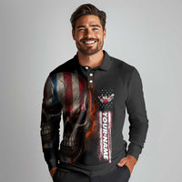 Custom American Flag Skull Long Sleeve Polo Shirt with Bowling Pins Flame Effect and Grunge Pattern - Wonder Print Shop