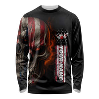 Custom American Flag Skull Long Sleeve Shirt with Bowling Pins Flame Effect and Grunge Pattern - Wonder Print Shop