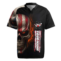 Custom American Flag Skull Rugby Jersey with Bowling Pins Flame Effect and Grunge Pattern - Wonder Print Shop