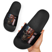 Custom American Flag Skull Slide Sandals with Bowling Pins Flame Effect and Grunge Pattern - Wonder Print Shop