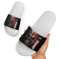 Custom American Flag Skull Slide Sandals with Bowling Pins Flame Effect and Grunge Pattern - Wonder Print Shop