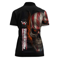 Custom American Flag Skull Women Polo Shirt with Bowling Pins Flame Effect and Grunge Pattern - Wonder Print Shop