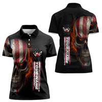 Custom American Flag Skull Women Polo Shirt with Bowling Pins Flame Effect and Grunge Pattern - Wonder Print Shop