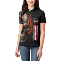 Custom American Flag Skull Women Polo Shirt with Bowling Pins Flame Effect and Grunge Pattern - Wonder Print Shop