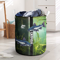 Catfish Fishing Laundry Basket with Underwater River Scene and Green Aquatic Pattern - Wonder Print Shop