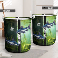Catfish Fishing Laundry Basket with Underwater River Scene and Green Aquatic Pattern - Wonder Print Shop