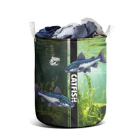 Catfish Fishing Laundry Basket with Underwater River Scene and Green Aquatic Pattern - Wonder Print Shop