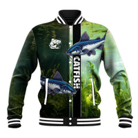 Custom Catfish Fishing Baseball Jacket with Underwater River Scene and Green Aquatic Pattern - Wonder Print Shop