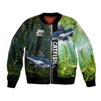 Custom Catfish Fishing Bomber Jacket with Underwater River Scene and Green Aquatic Pattern - Wonder Print Shop