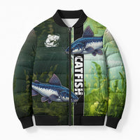 Custom Catfish Fishing Bomber Puffer Jacket with Underwater River Scene and Green Aquatic Pattern - Wonder Print Shop