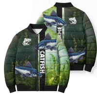Custom Catfish Fishing Bomber Puffer Jacket with Underwater River Scene and Green Aquatic Pattern - Wonder Print Shop