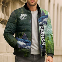 Custom Catfish Fishing Bomber Puffer Jacket with Underwater River Scene and Green Aquatic Pattern - Wonder Print Shop