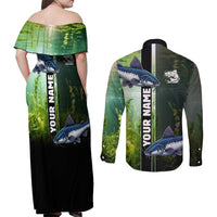 Custom Catfish Fishing Couples Matching Off Shoulder Maxi Dress and Long Sleeve Button Shirt with Underwater River Scene and Green Aquatic Pattern - Wonder Print Shop