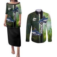 Custom Catfish Fishing Couples Matching Puletasi and Long Sleeve Button Shirt with Underwater River Scene and Green Aquatic Pattern - Wonder Print Shop