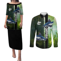 Custom Catfish Fishing Couples Matching Puletasi and Long Sleeve Button Shirt with Underwater River Scene and Green Aquatic Pattern - Wonder Print Shop