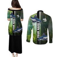 Custom Catfish Fishing Couples Matching Puletasi and Long Sleeve Button Shirt with Underwater River Scene and Green Aquatic Pattern - Wonder Print Shop