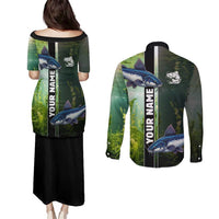 Custom Catfish Fishing Couples Matching Puletasi and Long Sleeve Button Shirt with Underwater River Scene and Green Aquatic Pattern - Wonder Print Shop