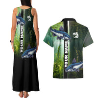 Custom Catfish Fishing Couples Matching Tank Maxi Dress and Hawaiian Shirt with Underwater River Scene and Green Aquatic Pattern - Wonder Print Shop
