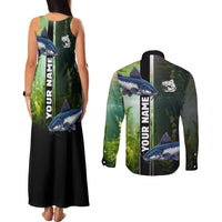 Custom Catfish Fishing Couples Matching Tank Maxi Dress and Long Sleeve Button Shirt with Underwater River Scene and Green Aquatic Pattern - Wonder Print Shop