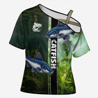 Custom Catfish Fishing Cross Shoulder Shirt with Underwater River Scene and Green Aquatic Pattern - Wonder Print Shop