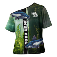 Custom Catfish Fishing Cross Shoulder Shirt with Underwater River Scene and Green Aquatic Pattern - Wonder Print Shop