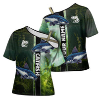 Custom Catfish Fishing Cross Shoulder Shirt with Underwater River Scene and Green Aquatic Pattern - Wonder Print Shop