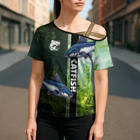 Custom Catfish Fishing Cross Shoulder Shirt with Underwater River Scene and Green Aquatic Pattern - Wonder Print Shop