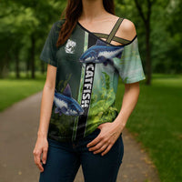 Custom Catfish Fishing Cross Shoulder Shirt with Underwater River Scene and Green Aquatic Pattern - Wonder Print Shop