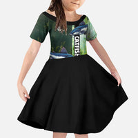 Custom Catfish Fishing Family Matching Off Shoulder Maxi Dress and Hawaiian Shirt with Underwater River Scene and Green Aquatic Pattern - Wonder Print Shop