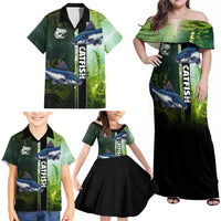 Custom Catfish Fishing Family Matching Off Shoulder Maxi Dress and Hawaiian Shirt with Underwater River Scene and Green Aquatic Pattern - Wonder Print Shop
