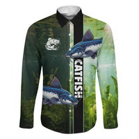 Custom Catfish Fishing Family Matching Off Shoulder Maxi Dress and Hawaiian Shirt with Underwater River Scene and Green Aquatic Pattern - Wonder Print Shop