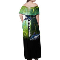 Custom Catfish Fishing Family Matching Off Shoulder Maxi Dress and Hawaiian Shirt with Underwater River Scene and Green Aquatic Pattern - Wonder Print Shop