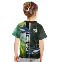 Custom Catfish Fishing Kid T Shirt with Underwater River Scene and Green Aquatic Pattern - Wonder Print Shop