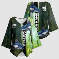 Custom Catfish Fishing Kimono Sleeve Blouse with Underwater River Scene and Green Aquatic Pattern - Wonder Print Shop