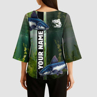 Custom Catfish Fishing Kimono Sleeve Blouse with Underwater River Scene and Green Aquatic Pattern - Wonder Print Shop