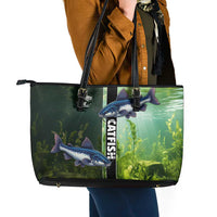 Catfish Fishing Leather Tote Bag with Underwater River Scene and Green Aquatic Pattern - Wonder Print Shop