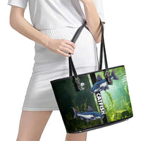 Catfish Fishing Leather Tote Bag with Underwater River Scene and Green Aquatic Pattern - Wonder Print Shop