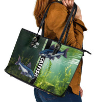 Catfish Fishing Leather Tote Bag with Underwater River Scene and Green Aquatic Pattern - Wonder Print Shop