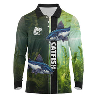 Custom Catfish Fishing Long Sleeve Polo Shirt with Underwater River Scene and Green Aquatic Pattern - Wonder Print Shop