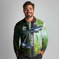 Custom Catfish Fishing Long Sleeve Polo Shirt with Underwater River Scene and Green Aquatic Pattern - Wonder Print Shop