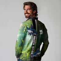 Custom Catfish Fishing Long Sleeve Polo Shirt with Underwater River Scene and Green Aquatic Pattern - Wonder Print Shop