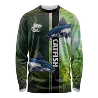 Custom Catfish Fishing Long Sleeve Shirt with Underwater River Scene and Green Aquatic Pattern - Wonder Print Shop