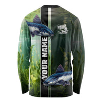 Custom Catfish Fishing Long Sleeve Shirt with Underwater River Scene and Green Aquatic Pattern - Wonder Print Shop