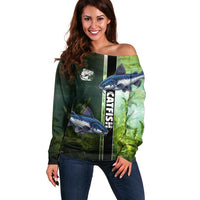 Custom Catfish Fishing Off Shoulder Sweater with Underwater River Scene and Green Aquatic Pattern - Wonder Print Shop
