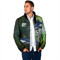 Custom Catfish Fishing Padded Jacket with Underwater River Scene and Green Aquatic Pattern - Wonder Print Shop